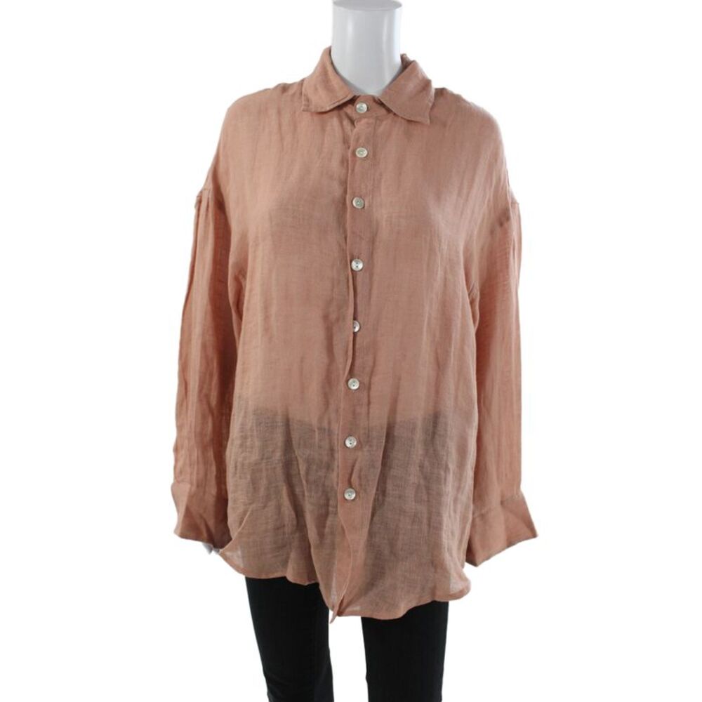 Vitamin A Womens Basic Collared Linen Button-Up Long Sleeve Pink Size XS